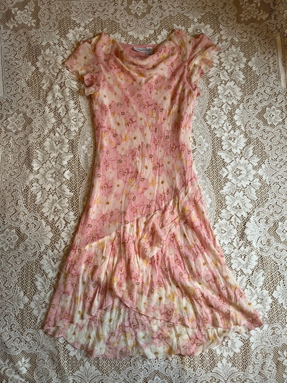 Jaclyn Smith Silk Floral Midi Dress, Pink & Yellow, Size 14